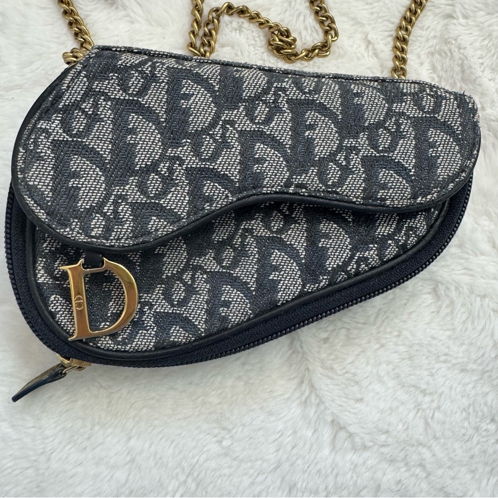 DIOR/Christian Dior CD Saddle Bag Navy Trotter Jacquard Pouch - Picture 3 of 11